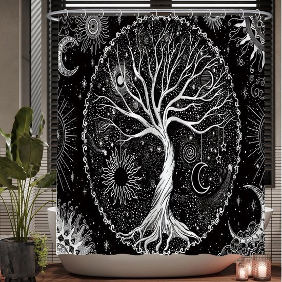 Unyqoos® Stijlvol Douchegordijn met Levensboom Ontwerp - Zwart-Wit - 180 x 200 cm - Inclusief 12 Ophangringen