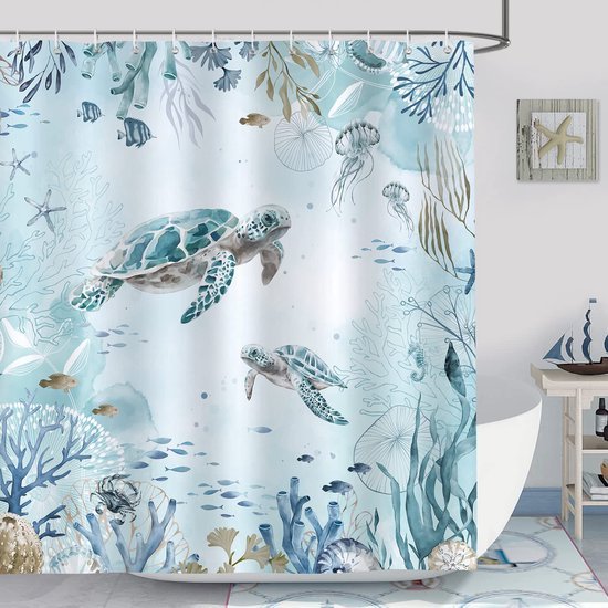 Unyqoos® Stijlvol Douchegordijn met Zeeschildpad Design en Blauwe Oceaan Thema, 180 x 180 cm, Inclusief Haken