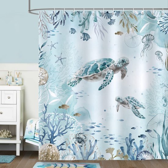 Unyqoos® Stijlvol Douchegordijn met Zeeschildpad Design en Blauwe Oceaan Thema, 180 x 180 cm, Inclusief Haken