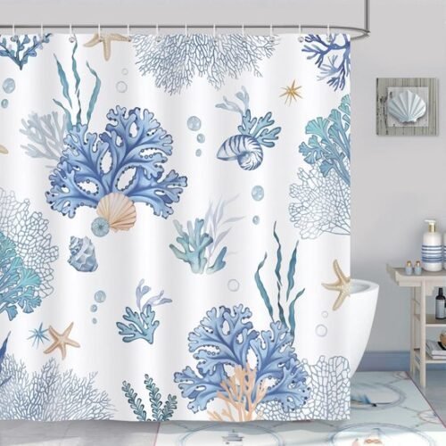 550x550-8883.jpg Unyqoos® Stijlvol Blauw Douchegordijn met Koraal en Strandthema - 180 x 180 cm, Waterbestendig