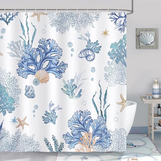Unyqoos® Stijlvol Blauw Douchegordijn met Koraal en Strandthema - 180 x 180 cm, Waterbestendig