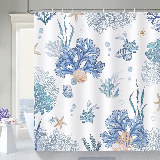 Unyqoos® Stijlvol Blauw Douchegordijn met Koraal en Strandthema - 180 x 180 cm, Waterbestendig