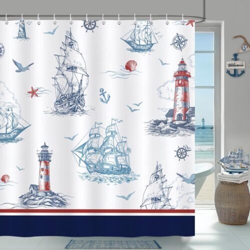 550x550-8904.jpg Unyqoos® Douchgordijn met Nautische Leefomgeving en Maritiem Ontwerp voor Badkamer 180x180 cm Inclusief Haken