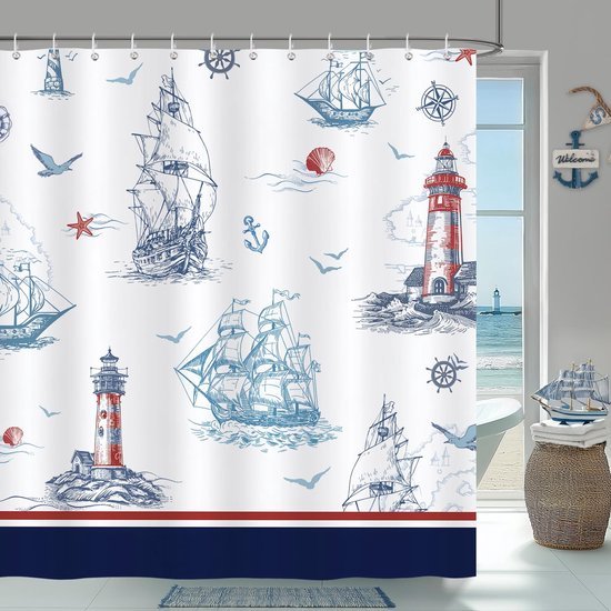 Unyqoos® Douchgordijn met Nautische Leefomgeving en Maritiem Ontwerp voor Badkamer 180x180 cm Inclusief Haken