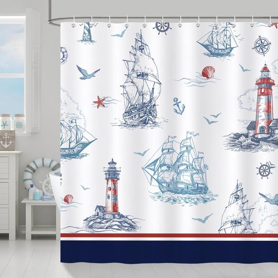 Unyqoos® Douchgordijn met Nautische Leefomgeving en Maritiem Ontwerp voor Badkamer 180x180 cm Inclusief Haken