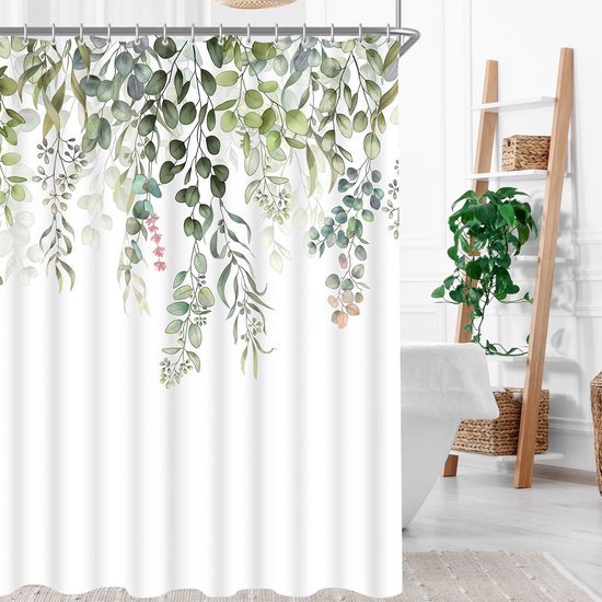 Unyqoos® Waterafstotend douchegordijn met groene bladprint en verzwaarde zoom 220x180 cm