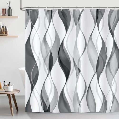 550x550-8958.jpg Unyqoos® Douchgordijn met Moderne Zwart-Grijze Golfpatronen, Waterdicht en Wasbaar, Inclusief 12 Haken