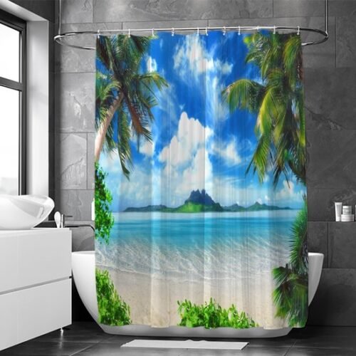 Unyqoos® Adembenemend Douchegordijn met Watervallen, Bossen en Strand - Anti Schimmel Design met 12 Ringen