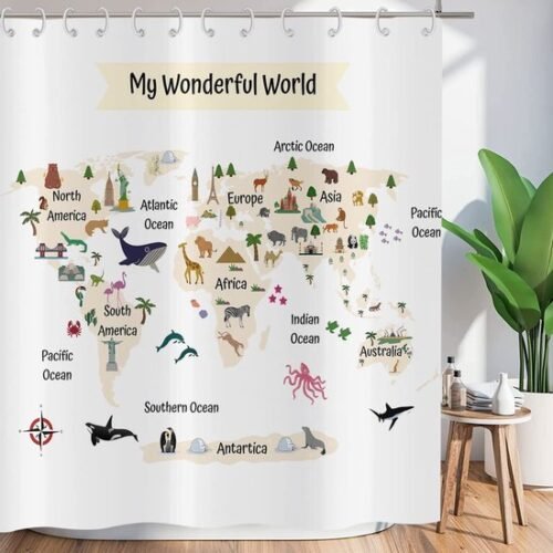 550x550-8993.jpg Unyqoos® Grappig Douchegordijn met Wereldkaart en Schattige Dierenmotieven voor Badkamerplezier