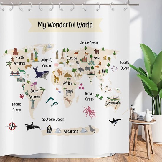 Unyqoos® Grappig Douchegordijn met Wereldkaart en Schattige Dierenmotieven voor Badkamerplezier