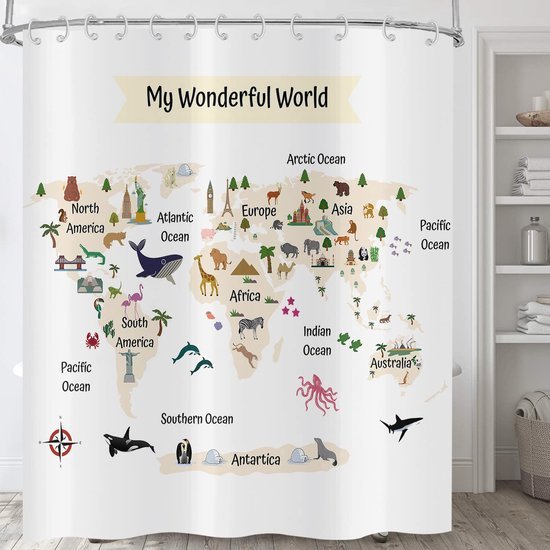 Unyqoos® Grappig Douchegordijn met Wereldkaart en Schattige Dierenmotieven voor Badkamerplezier