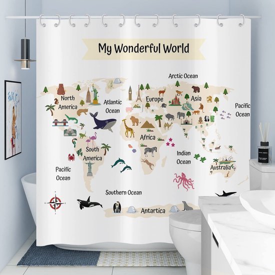 Unyqoos® Grappig Douchegordijn met Wereldkaart en Schattige Dierenmotieven voor Badkamerplezier