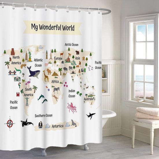 Unyqoos® Grappig Douchegordijn met Wereldkaart en Schattige Dierenmotieven voor Badkamerplezier