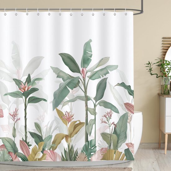 Unyqoos® Schimmelwerend Douchegordijn met Tropische Bladeren en Plantenprint, 180 x 180 cm, Inclusief Haken