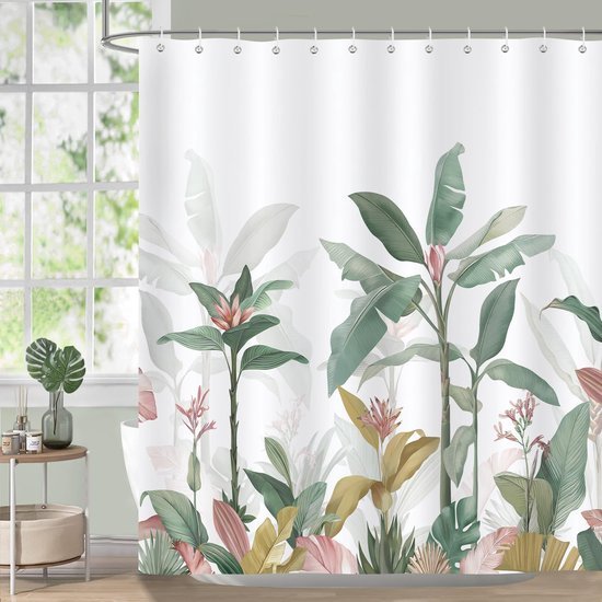 Unyqoos® Schimmelwerend Douchegordijn met Tropische Bladeren en Plantenprint, 180 x 180 cm, Inclusief Haken