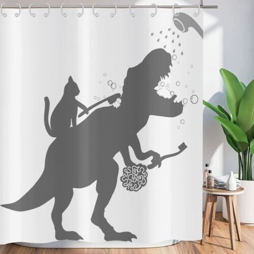 550x550-9119.jpg Unyqoos® Grappig Katten Dinosaurus Douchegordijn 180x200 cm met Waterdichte Polyester Stof en Inclusief Haken