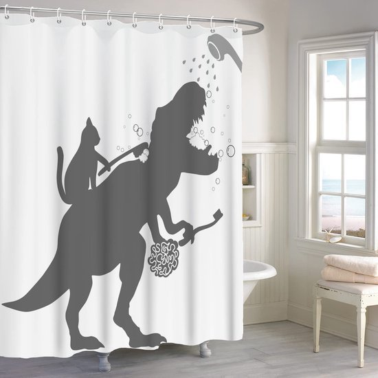 Unyqoos® Grappig Katten Dinosaurus Douchegordijn 180x200 cm met Waterdichte Polyester Stof en Inclusief Haken