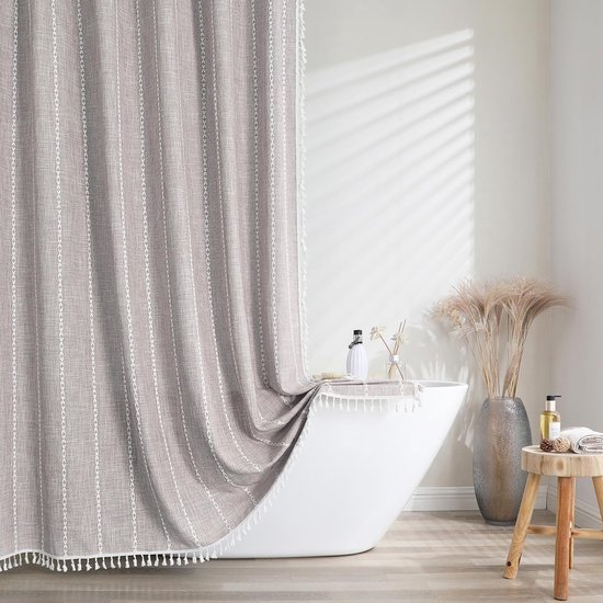 550x550-9217.jpg Unyqoos® Waterdicht gestreept boho douchegordijn met linnen textuur en haken