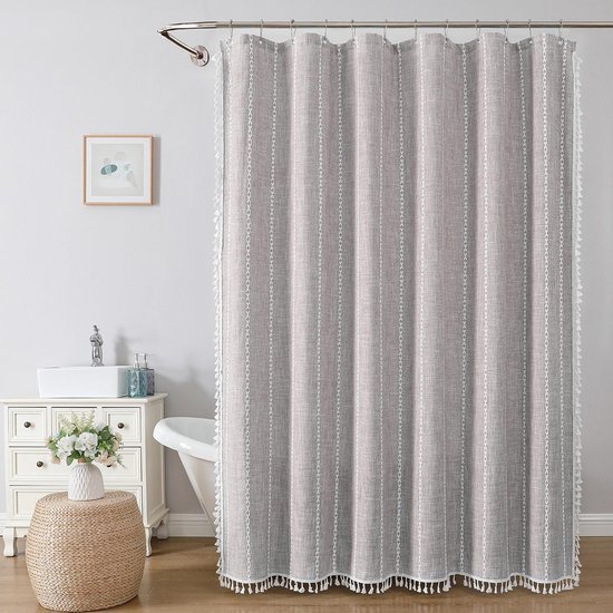 550x550-9218.jpg Unyqoos® Waterdicht gestreept boho douchegordijn met linnen textuur en haken