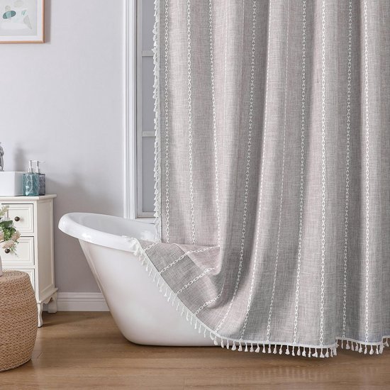 550x550-9220.jpg Unyqoos® Waterdicht gestreept boho douchegordijn met linnen textuur en haken