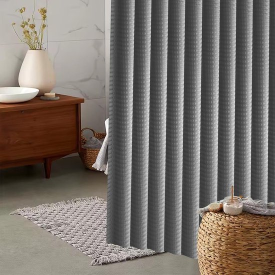 Unyqoos® Grijs waterafstotend douchegordijn met wafelstructuur en 12 haken