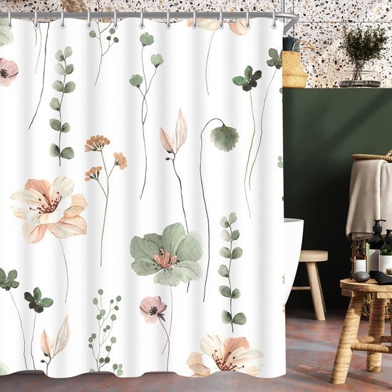 550x550-9256.jpg Unyqoos® Waterafstotend douchegordijn met saliegroene bloemmotieven en verzwaarde zoom