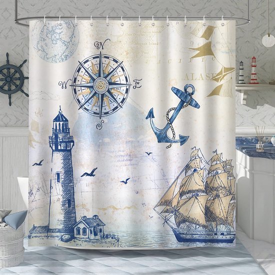 550x550-9262.jpg Unyqoos® Maritiem Douchegordijn met Anker en Zeilboot Motief, Waterdicht en Wasbaar Polyester Badgordijn