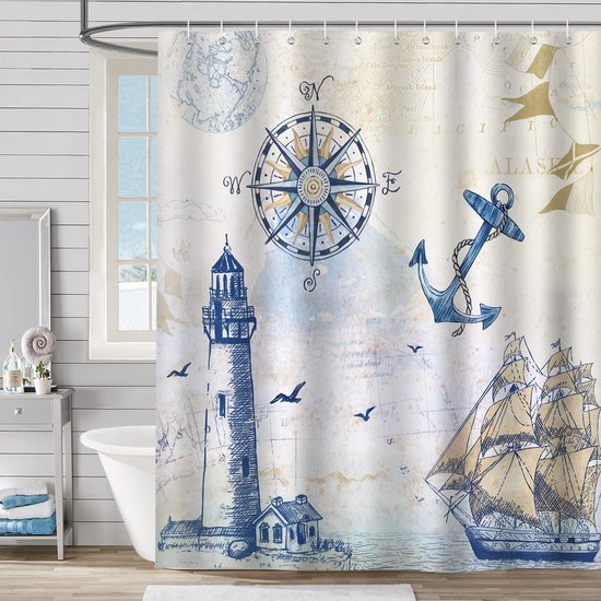 550x550-9264.jpg Unyqoos® Maritiem Douchegordijn met Anker en Zeilboot Motief, Waterdicht en Wasbaar Polyester Badgordijn