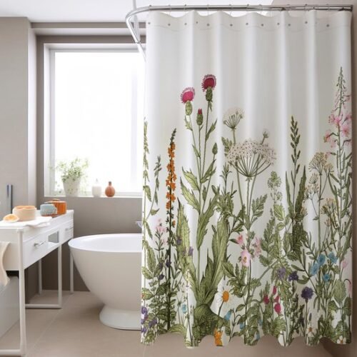 550x550-9267.jpg Unyqoos® Waterafstotend Douchegordijn met Bosbloem Motief en Ringen, 180 x 200 cm