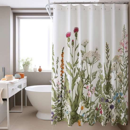 Unyqoos® Waterafstotend Douchegordijn met Bosbloem Motief en Ringen, 180 x 200 cm