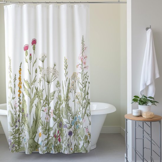 Unyqoos® Waterafstotend Douchegordijn met Bosbloem Motief en Ringen, 180 x 200 cm