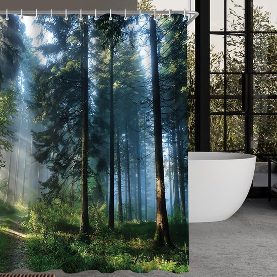 Unyqoos® Waterafstotend - Douchegordijn - 200 x 200 cm - Jungle Bos Print - Verzwaarde Zoom - Inclusief Ringen - Anti Schimmel