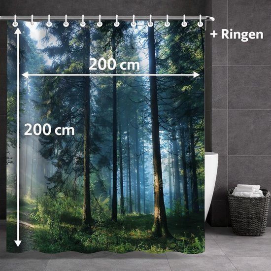 Unyqoos® Waterafstotend - Douchegordijn - 200 x 200 cm - Jungle Bos Print - Verzwaarde Zoom - Inclusief Ringen - Anti Schimmel