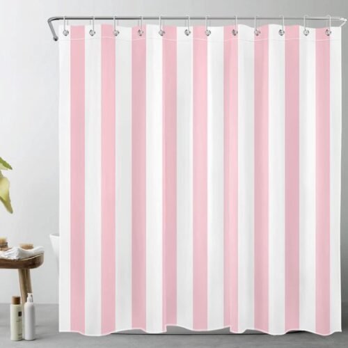 550x550-9514.jpg Unyqoos® Waterdicht roze-wit gestreept douchegordijn met haken voor badkamer
