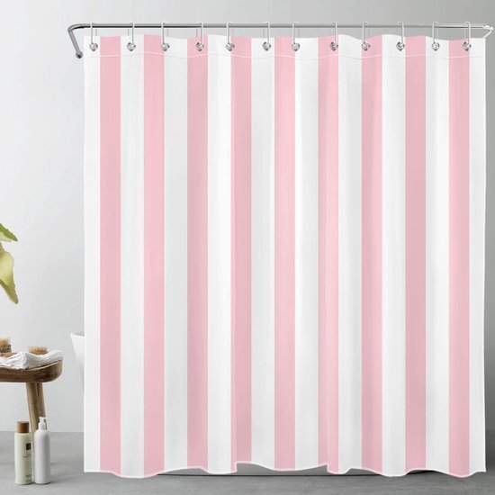 550x550-9514.jpg Unyqoos® Waterdicht roze-wit gestreept douchegordijn met haken voor badkamer