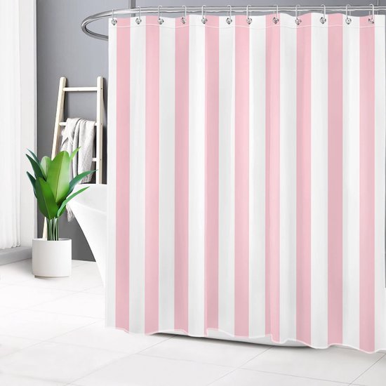 550x550-9515.jpg Unyqoos® Waterdicht roze-wit gestreept douchegordijn met haken voor badkamer