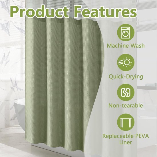 Unyqoos® Waterdicht douchegordijn met wafelweefsel en gaasvenster voor hoteluitstraling,groen,183 cm