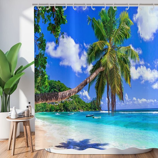 550x550-9563.jpg Unyqoos® Polyester Douchegordijn met Tropisch Strandontwerp voor Badkamers, Inclusief Haken en Eenvoudige Installatie