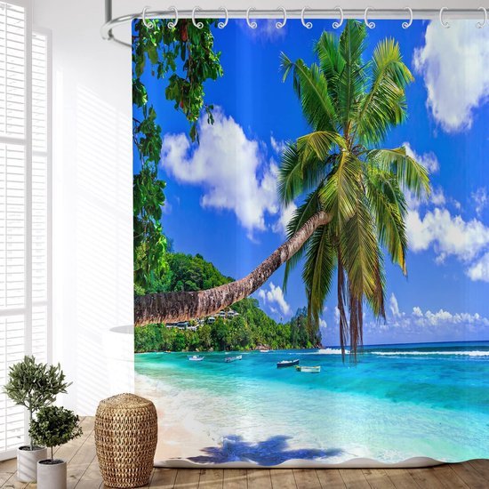 550x550-9564.jpg Unyqoos® Polyester Douchegordijn met Tropisch Strandontwerp voor Badkamers, Inclusief Haken en Eenvoudige Installatie