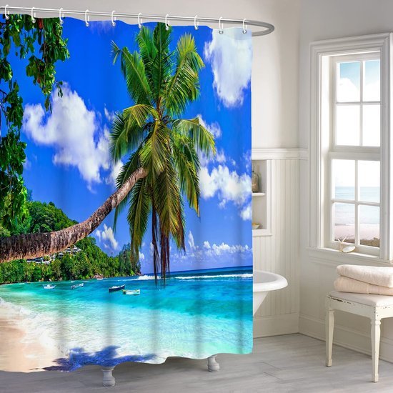 550x550-9565.jpg Unyqoos® Polyester Douchegordijn met Tropisch Strandontwerp voor Badkamers, Inclusief Haken en Eenvoudige Installatie