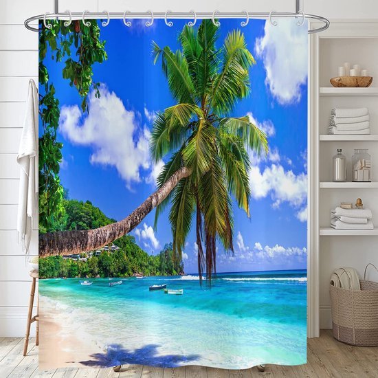 550x550-9568.jpg Unyqoos® Polyester Douchegordijn met Tropisch Strandontwerp voor Badkamers, Inclusief Haken en Eenvoudige Installatie