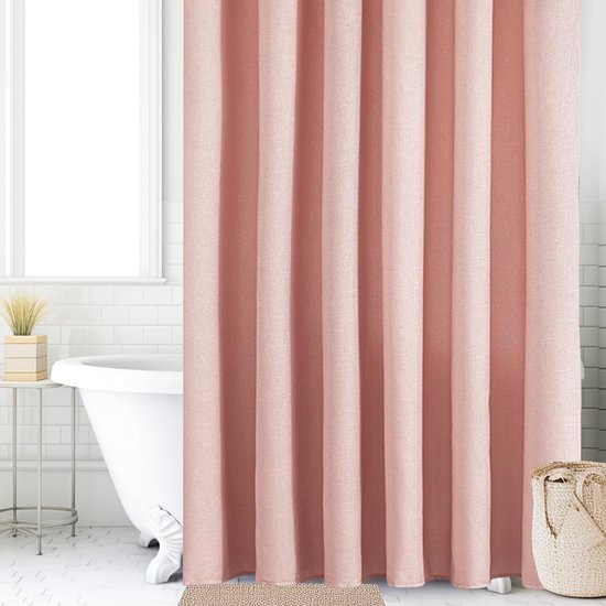 550x550-9585.jpg Unyqoos® Roze waterdichte textiele douchegordijn met linnenlook en ringen