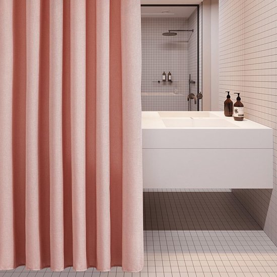 550x550-9586.jpg Unyqoos® Roze waterdichte textiele douchegordijn met linnenlook en ringen
