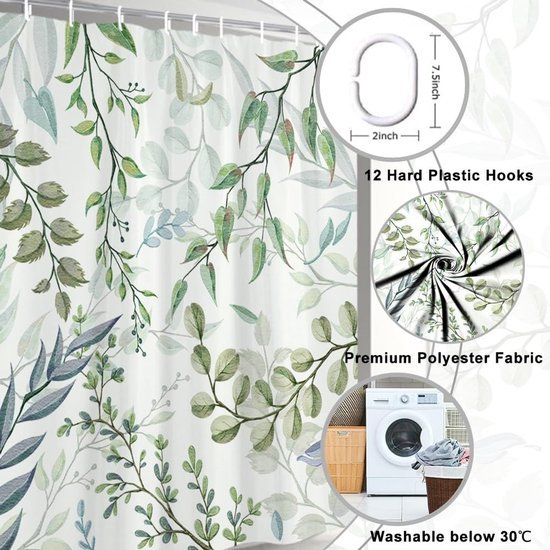 Unyqoos® Groen Eucalyptus Douchegordijn met Waterafstotend en Schimmelbestendig Polyester, Inclusief Haken