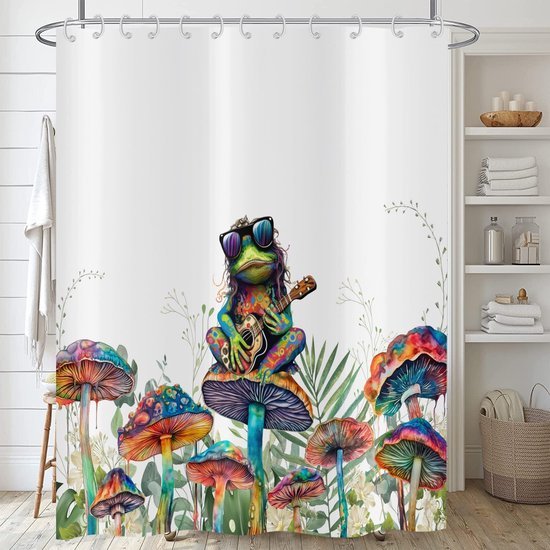 Unyqoos® Uniek Douchegordijn met Kleurrijke Kikker en Bloemen Ontwerp, 180 x 200 cm, Waterbestendig