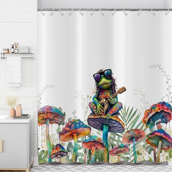 Unyqoos® Uniek Douchegordijn met Kleurrijke Kikker en Bloemen Ontwerp, 180 x 200 cm, Waterbestendig