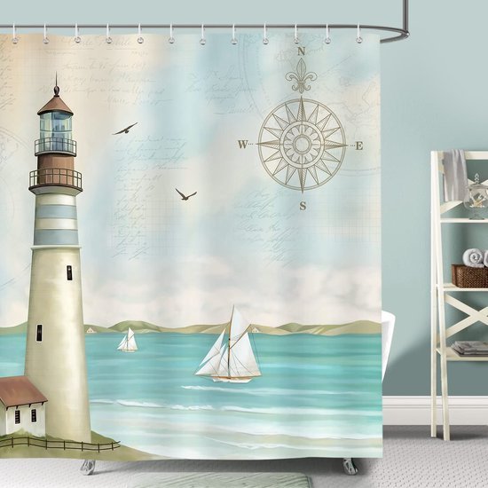 Unyqoos® Nautisch Douchegordijn met Vuurtoren en Zeilboot Design, 180 x 180 cm, Inclusief Haken