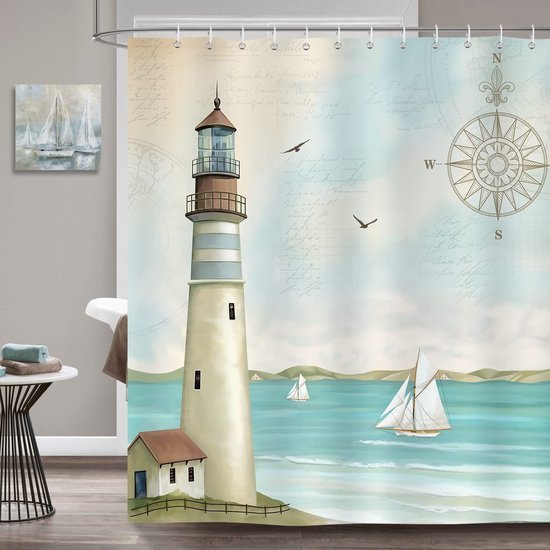 Unyqoos® Nautisch Douchegordijn met Vuurtoren en Zeilboot Design, 180 x 180 cm, Inclusief Haken