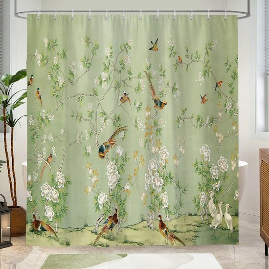 Unyqoos® Waterdicht douchegordijn met vogelprint en bloementakken voor frisse badkamer