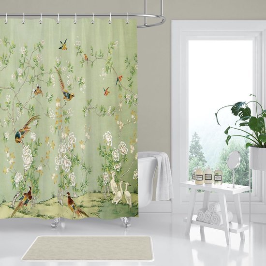 Unyqoos® Waterdicht douchegordijn met vogelprint en bloementakken voor frisse badkamer